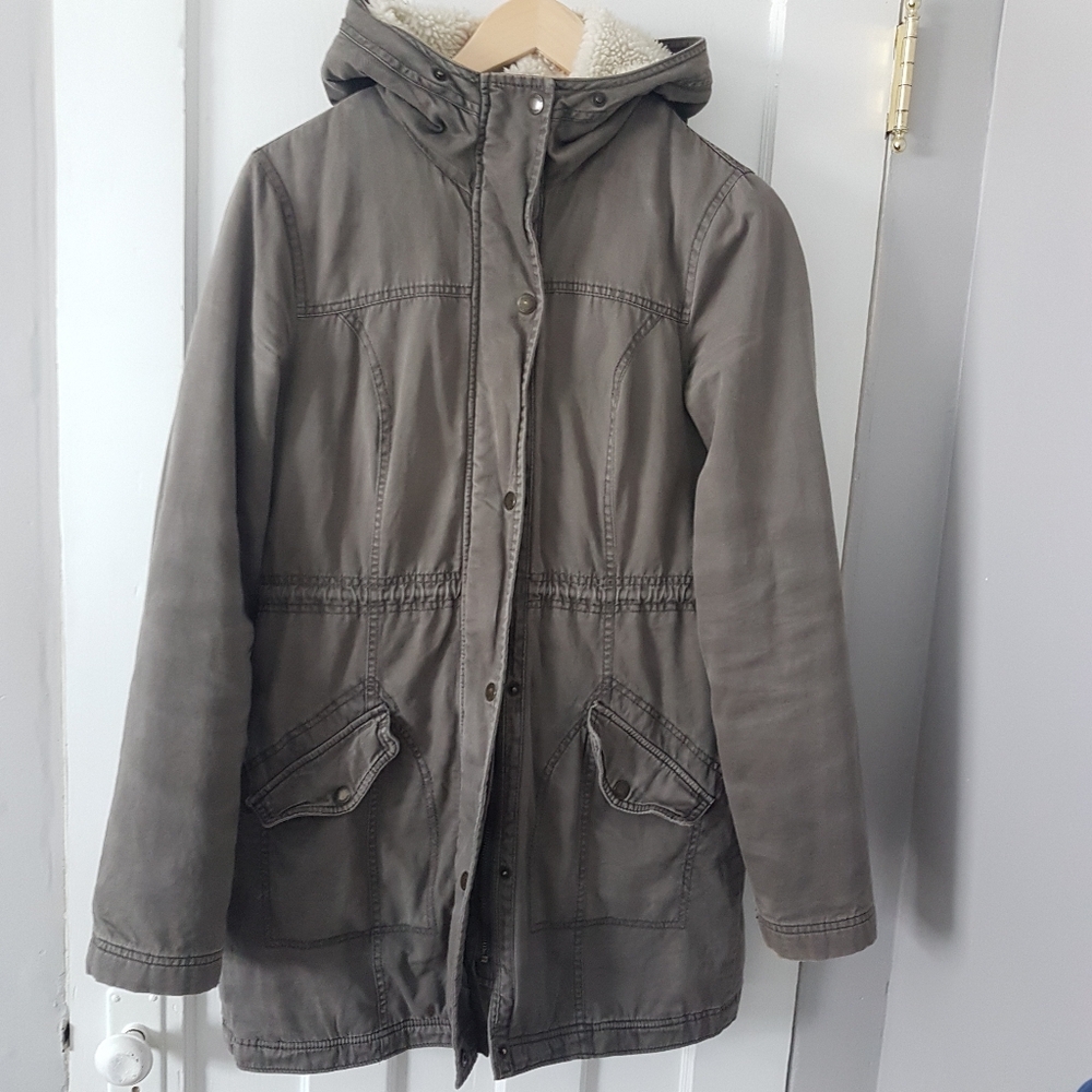 Hollister Sherpa Lined Fronr Zip Coat With Hood Beige Brown Sz L